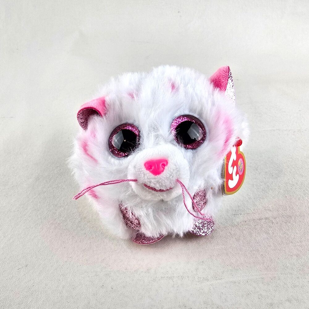 Ty Beanie Boo Plush Cat Pink White Glitter Eyes Stuffed Animal Toy Puffies Ball